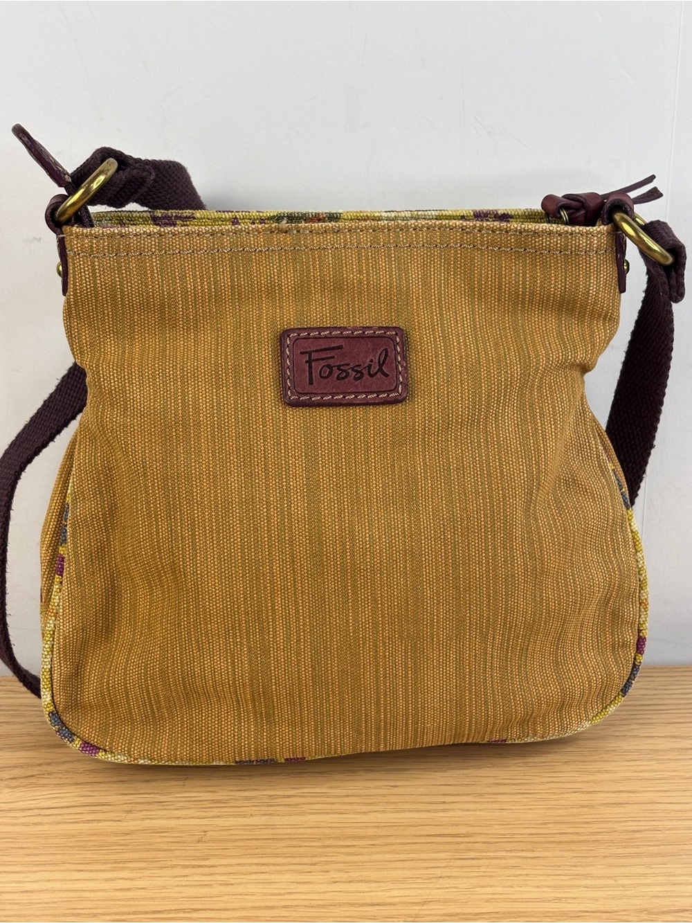 Y2K Fossil Mustard Canvas Purple Leather Patchwork Butterfly Accents Crossbody - Picture 6 of 10